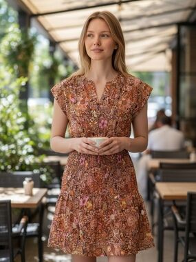 A.L.C. Silk Boho Floral Smocked Waist Mini Dress Ruffle Hem NWT Size 0